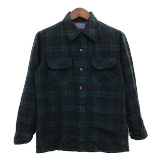 ペンドルトン(PENDLETON)の70年代 USA製 PENDLETON ペンドルトン チェック柄 ウール オープンカラー 長袖シャツ ヴィンテージ ネイビー (メンズ M) 中古 古着 P8517(シャツ)