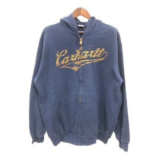 カーハート(carhartt)のCarhartt カーハート ブランドロゴプリント ジップアップ パーカー トップス アメカジ ネイビー (メンズ XL) 中古 古着 P8575(パーカー)