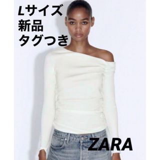 ザラ(ZARA)の【完売】ZARAギャザーTシャツ⭐︎オフホワイト LブラックM(Tシャツ/カットソー(七分/長袖))