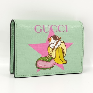 グッチ(Gucci)のGUCCI 二つ折り財布 ばなにゃ コラボ 桜餅 レザー グリーン 701009(財布)