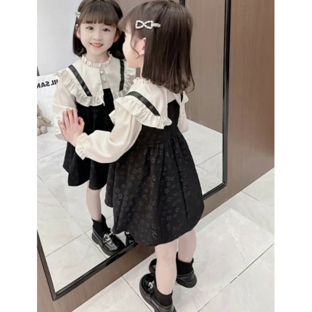  子ども 110 ビッグカラー 花柄ワンピース 新品 スーツ フラワー 白 黒 キッズ/ベビー/マタニティのキッズ服女の子用(90cm~)(ドレス/フォーマル)の商品写真