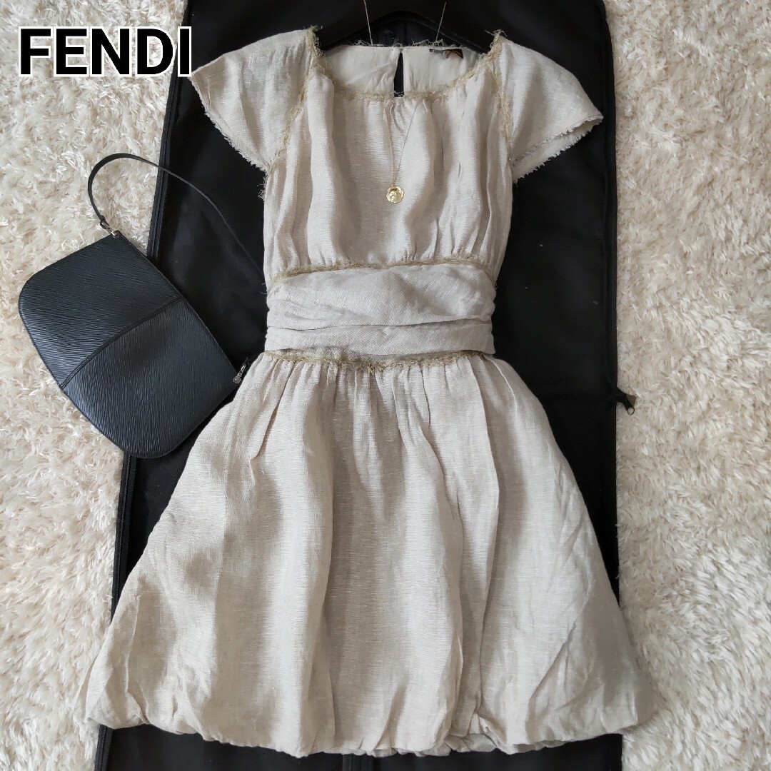 FENDI(フェンディ)の美品 フェンディ リネン ミニワンピース バックオープン バルーンスカート 38 レディースのワンピース(ミニワンピース)の商品写真