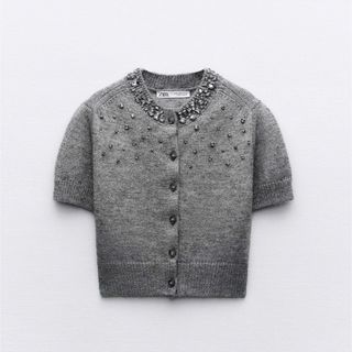 ザラ(ZARA)のZARA ラインストーンボタン ニット カーディガン(カーディガン)