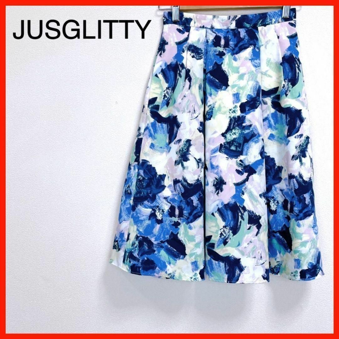 JUSGLITTY(ジャスグリッティー)の美品　JUSGLITTY/ジャスグリッティー　花柄フレアスカート　青　お洒落　◎ レディースのスカート(ひざ丈スカート)の商品写真