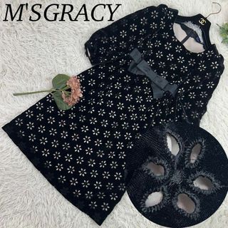 エムズグレイシー(M'S GRACY)のエムズグレイシー レディース Mサイズ 膝丈ワンピース 花柄 刺繍 ベロア(ひざ丈ワンピース)