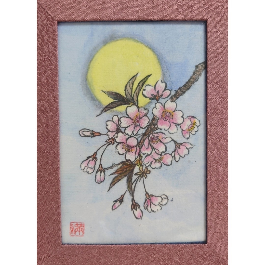 墨彩画 絵画 和服リフォーム額 桜 サクラ さくら 花 木 月 絵 イラスト エンタメ/ホビーの美術品/アンティーク(絵画/タペストリー)の商品写真