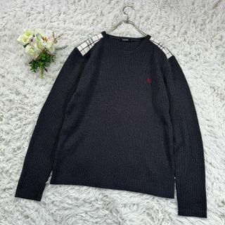 バーバリーブラックレーベル(BURBERRY BLACK LABEL)の美品 入手困難 BURBERRY ニット ショルダーチェック 羊毛 L グレー(ニット/セーター)