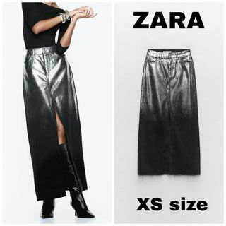 ザラ(ZARA)のZARA　ロング フォイルディテール デニム スカート　XSサイズ　シルバー(ロングスカート)