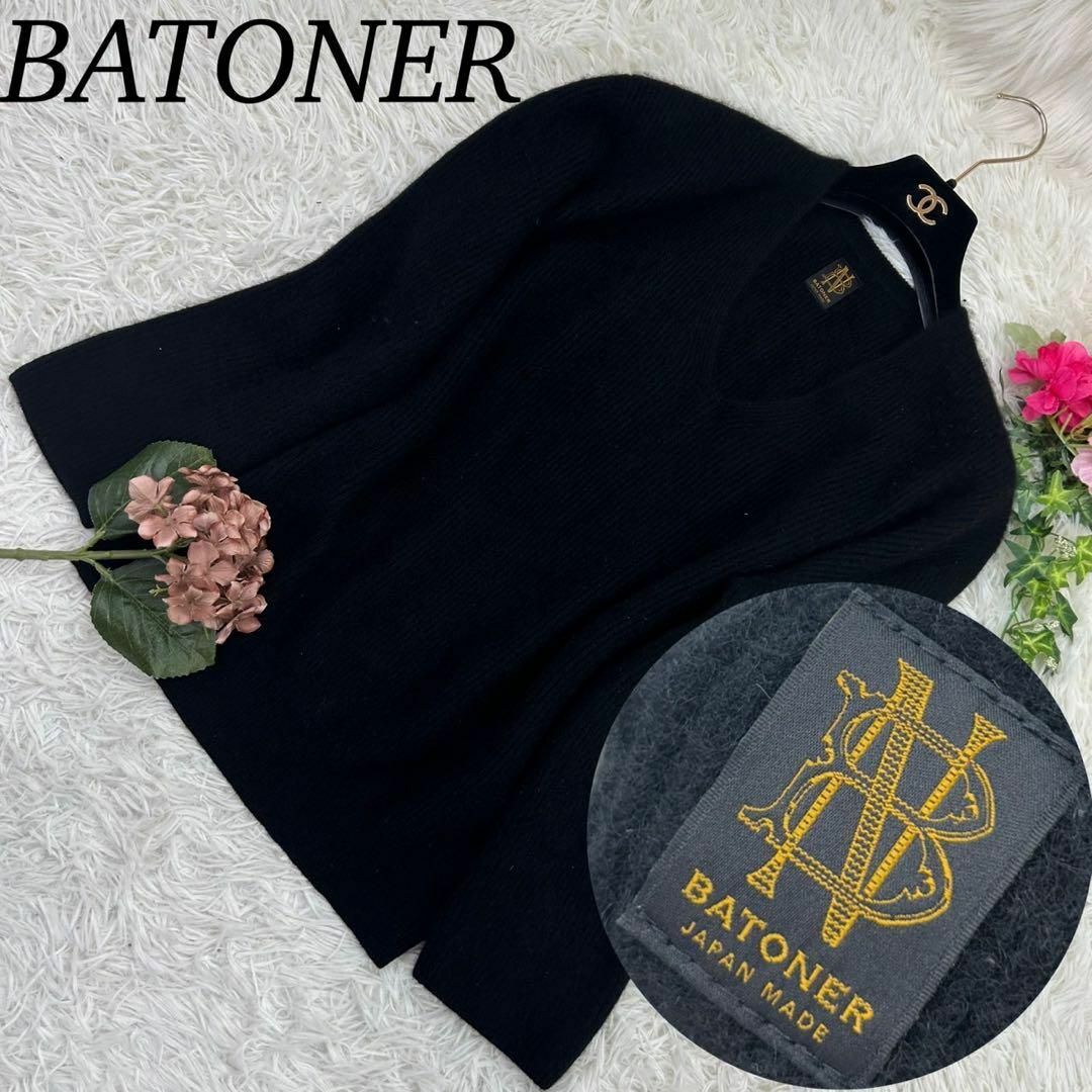 BATONER(バトナー)のバトナー メンズ Mサイズ カシミヤ ニット セーター 長袖 薄手 黒 メンズのトップス(ニット/セーター)の商品写真