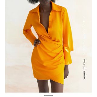 ザラ(ZARA)のミニワンピース ドレープワンピ シャツワンピ ネオンオレンジ ZARA ザラ(ミニワンピース)