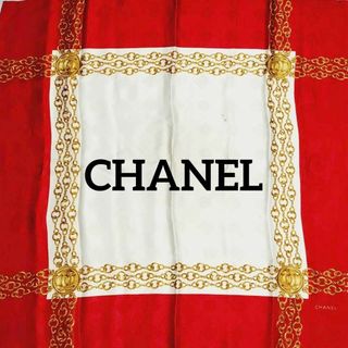 シャネル(CHANEL)の★CHANEL★ スカーフ 大判 ココマーク チェーン メダル 地紋 レッド(バンダナ/スカーフ)