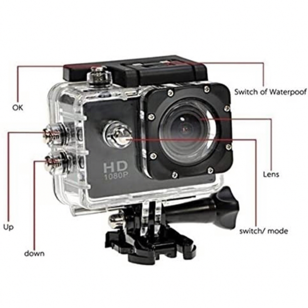 スポーツカメラ　黒　Full HD 1080p 防水 スマホ/家電/カメラのカメラ(ビデオカメラ)の商品写真