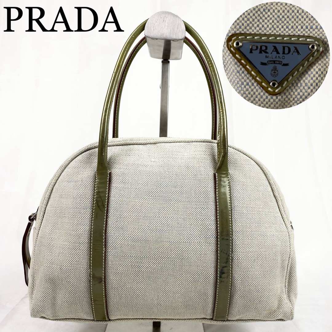PRADA ハンドバッグ 三角ロゴ キャンバス×レザー ベージュ 白タグ PRADA ハンドバッグ 三角ロゴ キャンバス×レザー ベージュ 白タグ