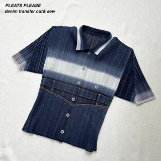 プリーツプリーズイッセイミヤケ(PLEATS PLEASE ISSEY MIYAKE)の極美品 プリーツプリーズ デニム転写 半袖 カットソー お洒落 4(XL程度)(シャツ/ブラウス(半袖/袖なし))