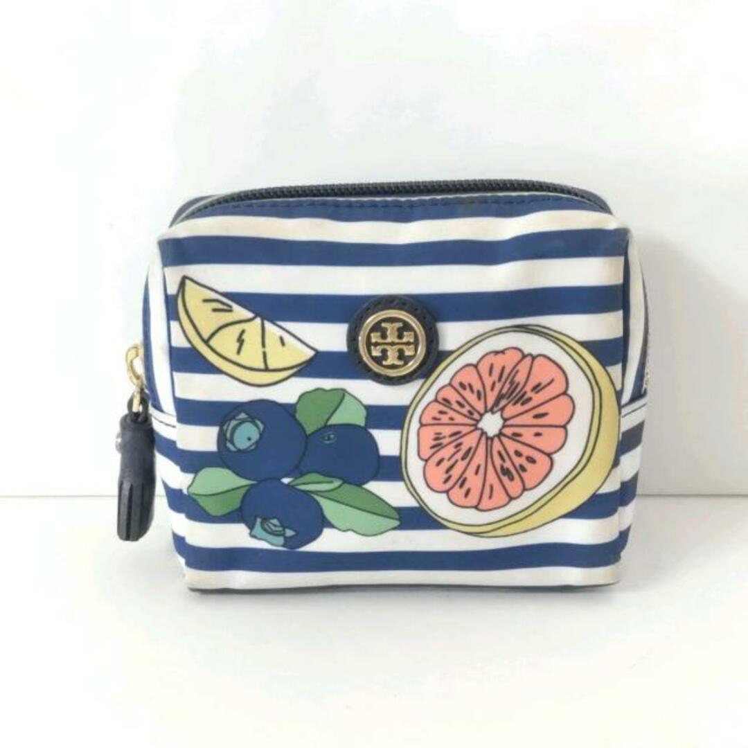 Tory Burch(トリーバーチ)のTORY BURCH(トリーバーチ) ポーチ - 白×ネイビー×マルチ ボーダー/フルーツ/タッセル ナイロン×レザー レディースのファッション小物(ポーチ)の商品写真