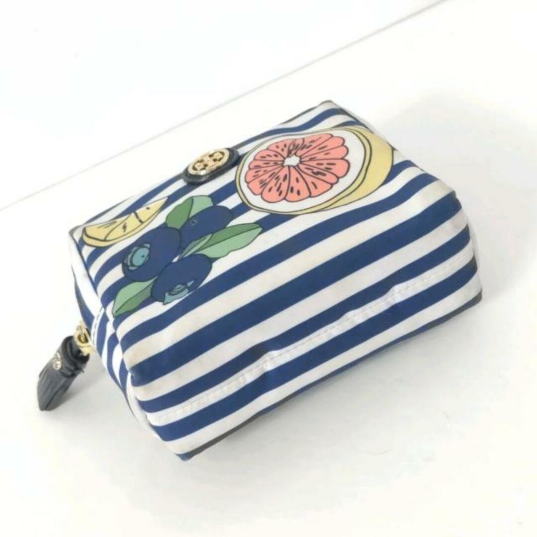 Tory Burch(トリーバーチ)のTORY BURCH(トリーバーチ) ポーチ - 白×ネイビー×マルチ ボーダー/フルーツ/タッセル ナイロン×レザー レディースのファッション小物(ポーチ)の商品写真