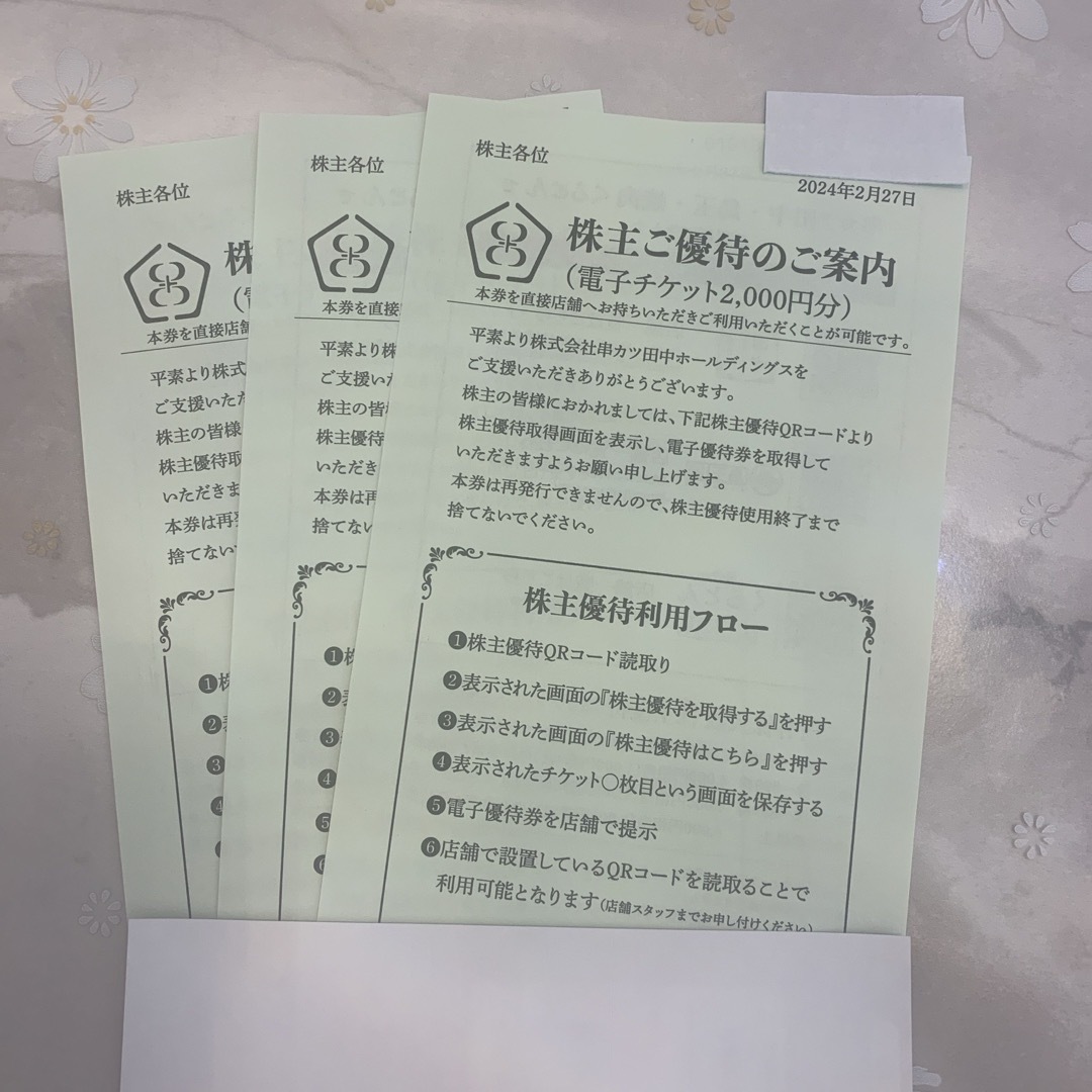 ・串カツ田中　株主優待　電子チケット　6000円分 チケットの優待券/割引券(レストラン/食事券)の商品写真