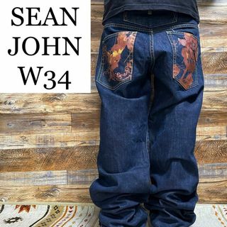 Sean John - ショーンジョンジーパンデザインデニムジーンズb系紺ネイビーストリートw34y2k