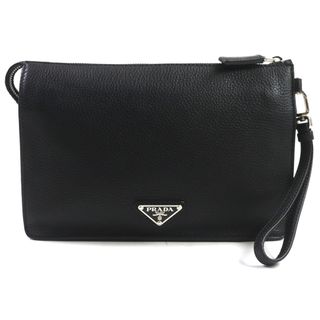 プラダ(PRADA)の美品 PRADA プラダ 2VF006 ヴィッテロ トライアングルロゴ ストラップ付き クラッチバッグ セカンドバッグ ブラック シルバー金具 保存袋付き メンズ(セカンドバッグ/クラッチバッグ)