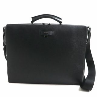 極美品▼FURLA フルラ シルバーロゴ金具付き オールレザー 2WAY ブリーフケース/ビジネスバッグ ブラック メンズ 保存袋付き