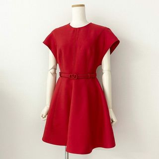 ヴァレンティノ(VALENTINO)の49c6 《美品》 VALENTINO ヴァレンティノ Crepe Belted Mini Dress ロゴベルト ベルテッドミニドレス ワンピース 40 レッド イタリア製(ひざ丈ワンピース)