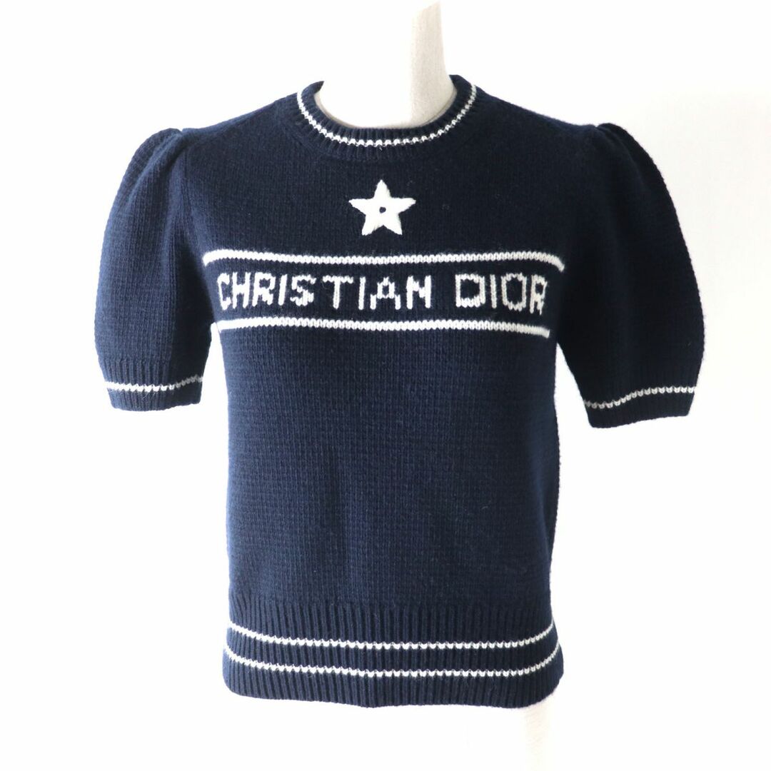 Christian Dior(クリスチャンディオール)の極美品★正規品 2022年 クリスチャンディオール 224S09AM308 ロゴ入り カシミヤ混 ショートスリーブセーター ネイビー×ホワイト 42 伊製 レディースのトップス(ニット/セーター)の商品写真