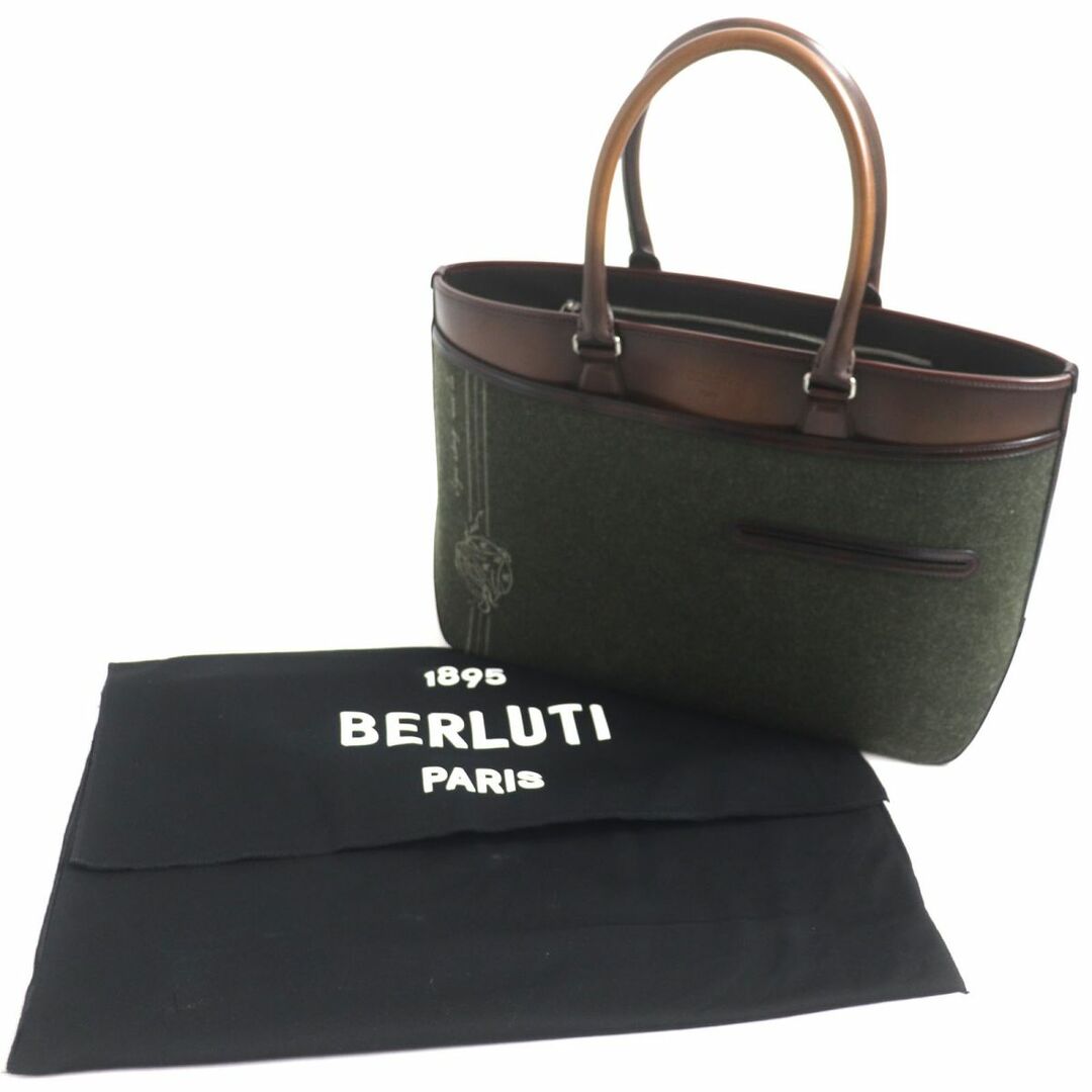 Berluti(ベルルッティ)の極美品▼23AW 定価408100円 BERLUTI ベルルッティ トゥジュール 5121ナンバリング ウール トートバッグ 茶×グリーン 伊製 メンズ 袋付き メンズのバッグ(トートバッグ)の商品写真