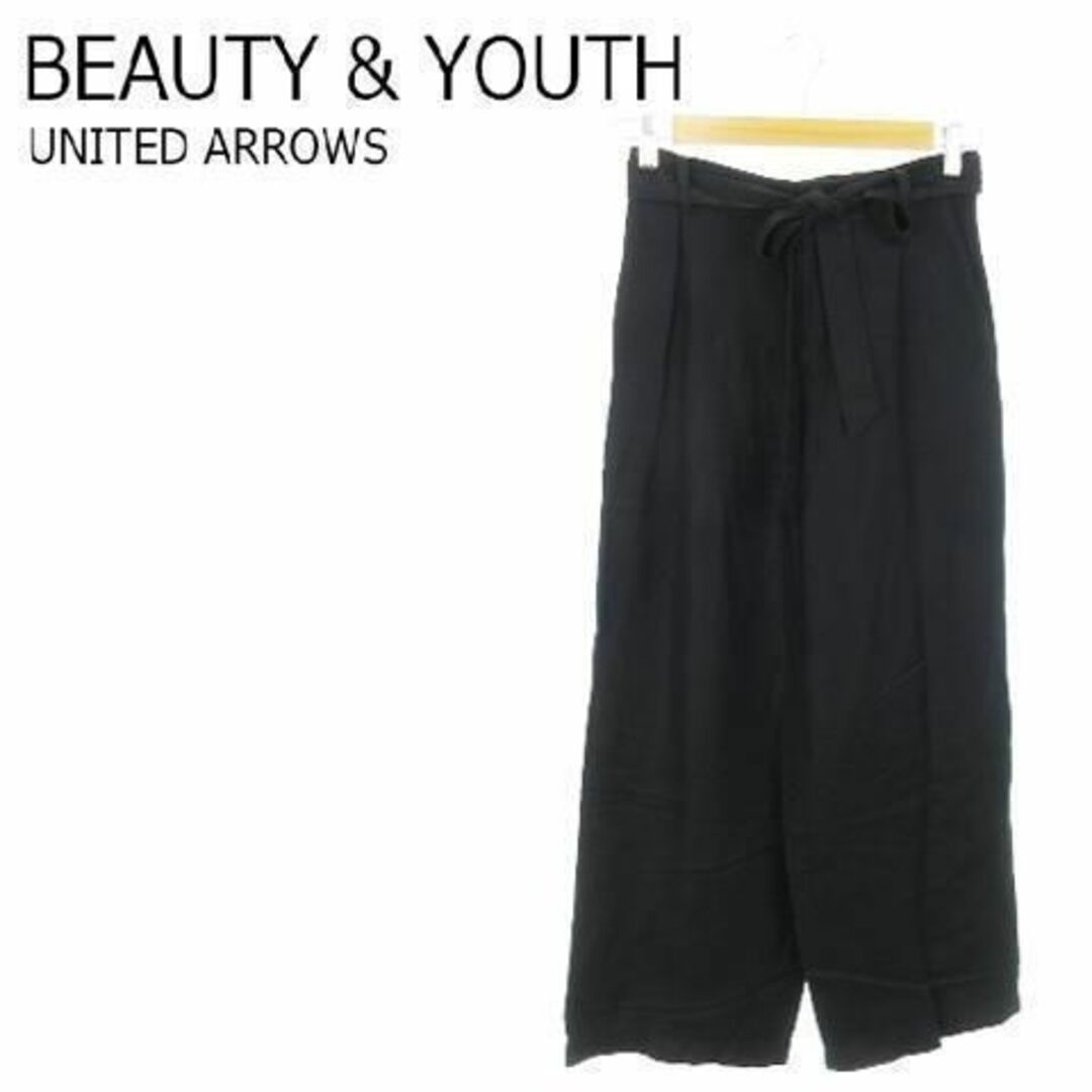 BEAUTY&YOUTH UNITED ARROWS(ビューティアンドユースユナイテッドアローズ)のB&Y ハイウエストワイドパンツ リボン 薄手 S 黒 230928AO19 レディースのパンツ(カジュアルパンツ)の商品写真