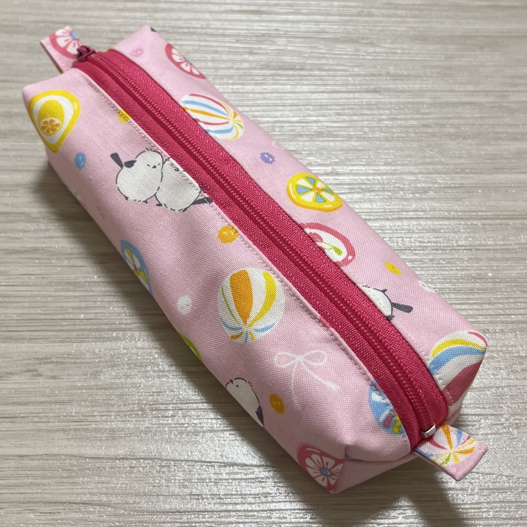 ハンドメイド 20cmファスナー付きBOX型ペンケース♡和柄シマエナガと飴♡ ハンドメイドの文具/ステーショナリー(その他)の商品写真