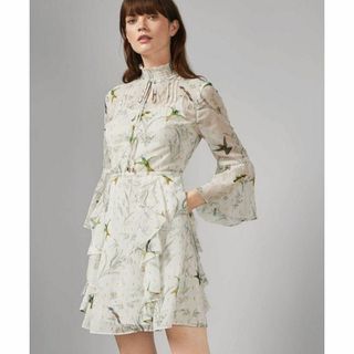 テッドベイカー(TED BAKER)の美品入手困難 テッドベーカー ワンピース シアーレース バード フリル Aライン(ひざ丈ワンピース)