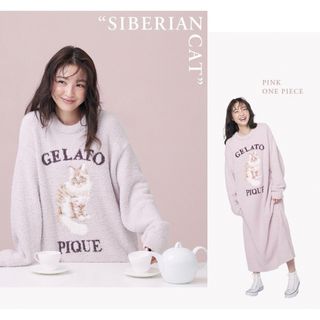 ジェラートピケ(gelato pique)のonline限定ジェラートピケ　パウダーニットワンピース　CAT&DOG ピンク(ルームウェア)