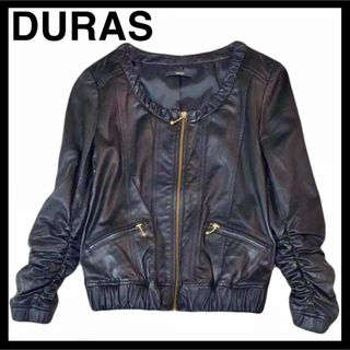 デュラス(DURAS)のDURAS ラムレザー ライダースジャケット ノーカラー 袖ギャザー 本革 羊革(ライダースジャケット)