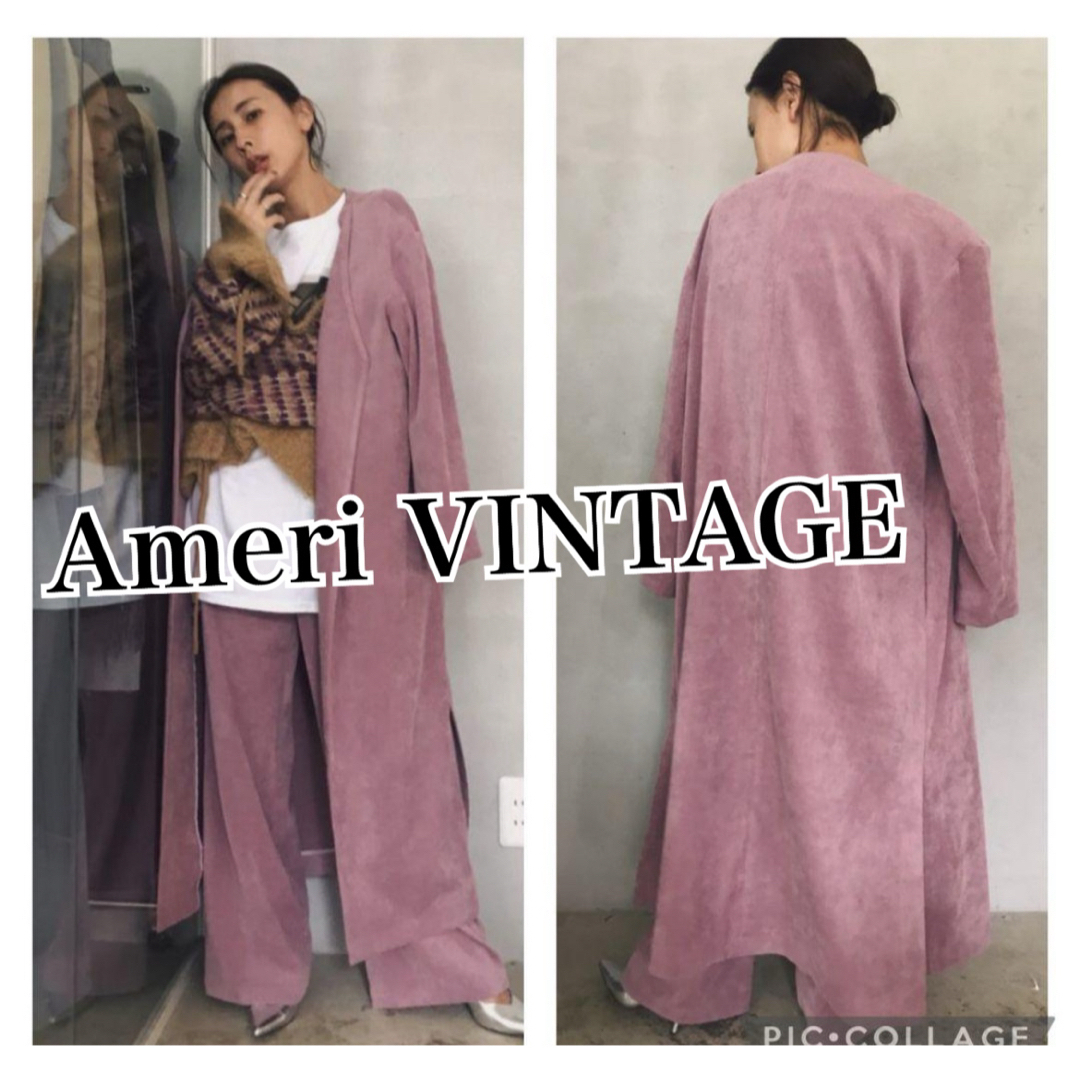 Ameri VINTAGE(アメリヴィンテージ)のAmeriアメリヴィンテージ　コーデュロイノーカラーガウンロングコート★ピンク レディースのジャケット/アウター(ロングコート)の商品写真