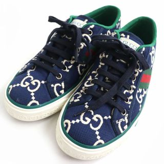 グッチ(Gucci)の極美品△GUCCI グッチ テニス1977 606111 GGキャンバス ウェブライン ローカットスニーカー/シューズ ネイビー×グリーン系マルチ 6 伊製(スニーカー)