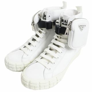 プラダ(PRADA)の極美品□PRADA/プラダ 2TC147 Re-nylon WHEEL 三角ロゴプレート ポーチ付き レースアップ ハイトップスニーカー ホワイト 5 1/2 イタリア製(スニーカー)