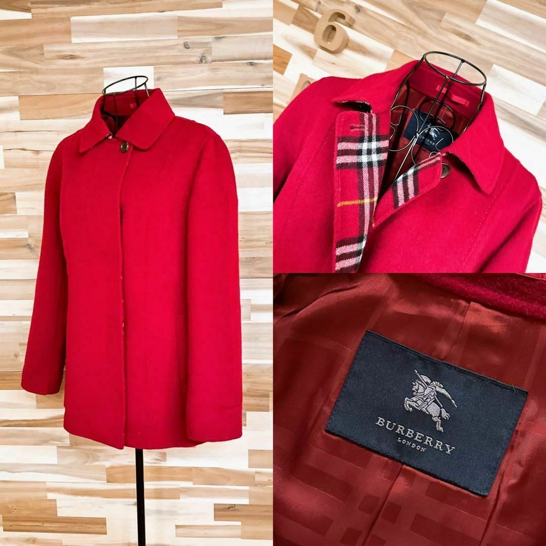 BURBERRY(バーバリー)のレトロ【バーバリーロンドン】カシミヤ ウール ブレンド コート チェック柄 M赤 レディースのジャケット/アウター(その他)の商品写真