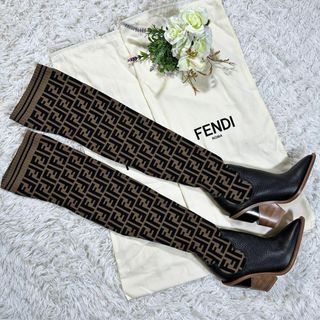 フェンディ(FENDI)の美品★FENDI ソックスブーツ ズッカ柄 ロングブーツ 22.0㎝ レザー(ブーツ)