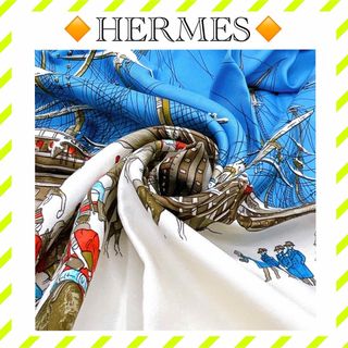 エルメス(Hermes)の良品 エルメス カレ90 スカーフ シルク 海と騎兵隊 青 ブルー レディース(バンダナ/スカーフ)