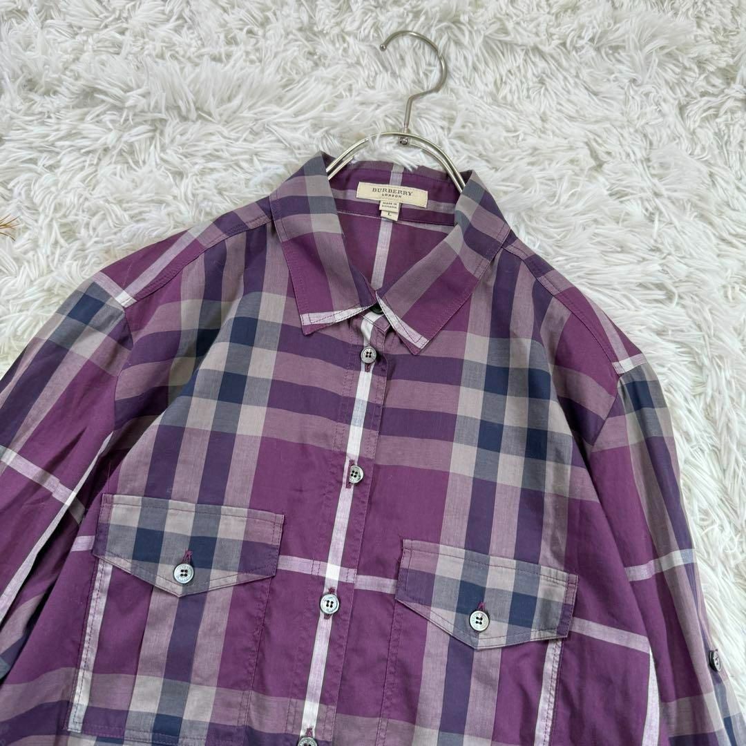 BURBERRY(バーバリー)の入手困難 BURBERRY シャツ L チェック 薄手 コットン パープル レディースのトップス(シャツ/ブラウス(長袖/七分))の商品写真