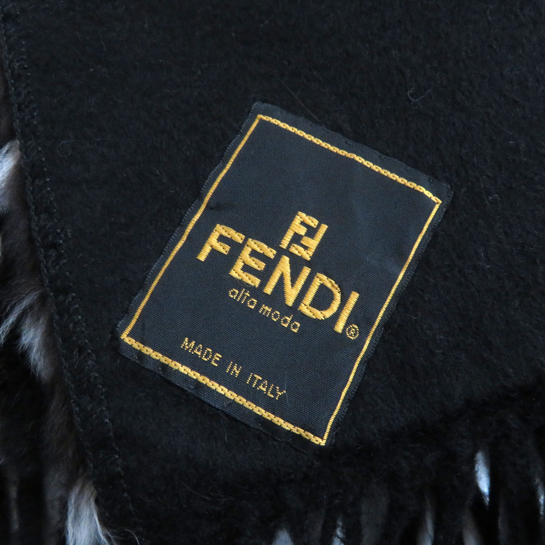 FENDI(フェンディ)の極美品 FENDI フェンディ カシミヤ100％ ラビットファー フリンジ付 ドット柄 マフラー/ ストール ブラック ホワイト イタリア製 レディース レディースのファッション小物(ストール/パシュミナ)の商品写真