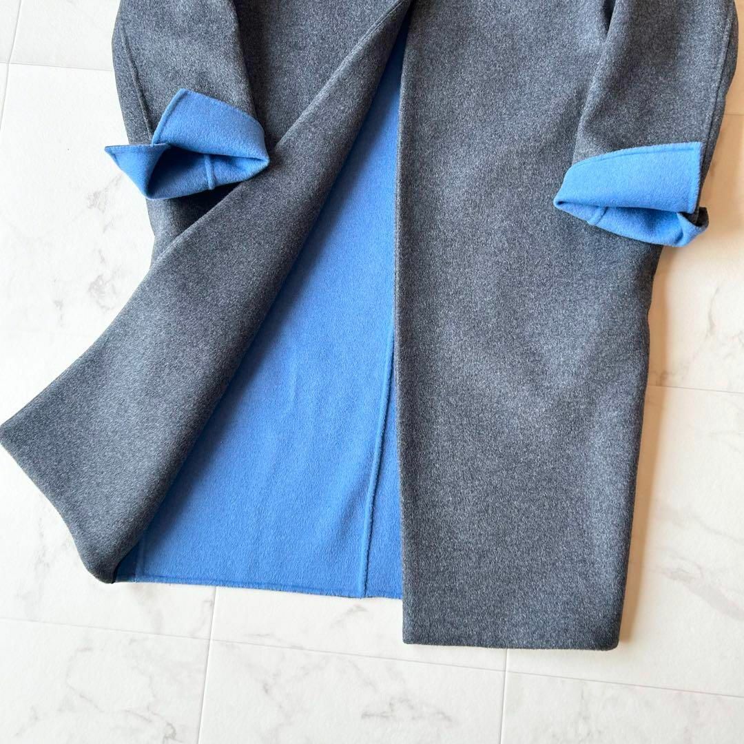ENFOLD(エンフォルド)の美品✨ENFOLD ウールリバーノーカラーコート　グレー×ブルー　36 レディースのジャケット/アウター(ロングコート)の商品写真
