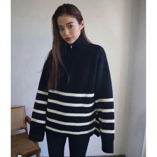 エモダ(EMODA)のHarf Zip Border Knit Pullover  新品　ブラック(ニット/セーター)