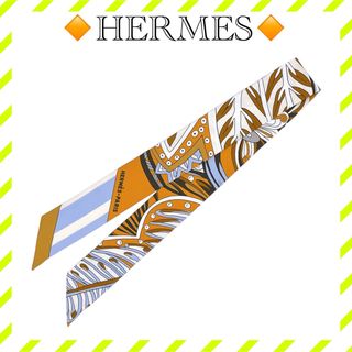 エルメス(Hermes)の美品 エルメス ツイリー スカーフ シルク 植物 オレンジ ブラウン レディース(バンダナ/スカーフ)