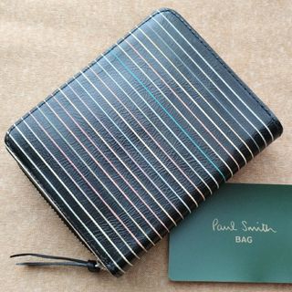 ポールスミス(Paul Smith)の訳あり未使用　ポールスミス　本革ラウンド財布　マルチストライプ　リアルレザー　黒(折り財布)