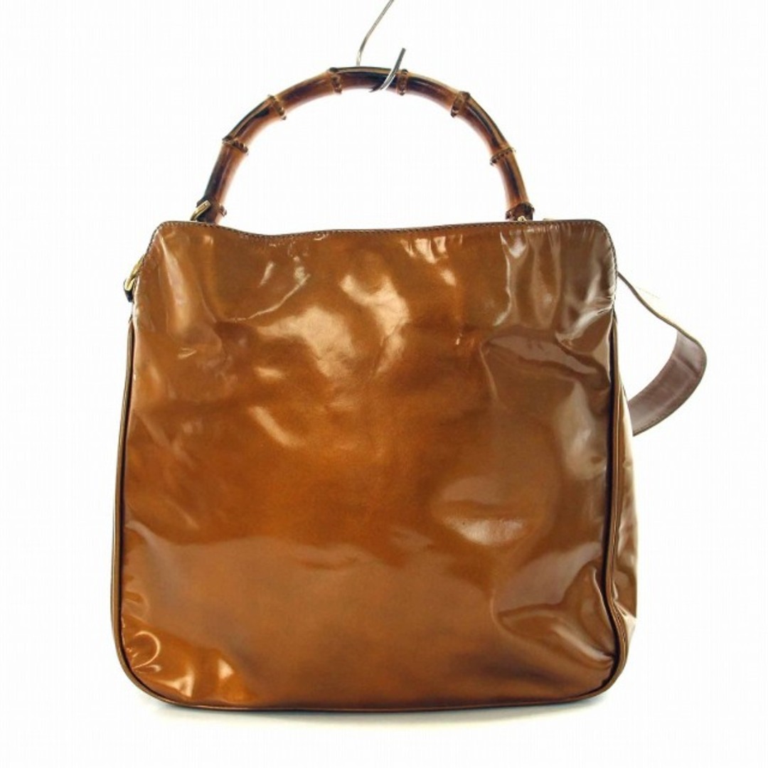 Gucci(グッチ)のグッチ バンブー エナメル ハンドバッグ ショルダー 2WAY 茶 ゴールド レディースのバッグ(ハンドバッグ)の商品写真