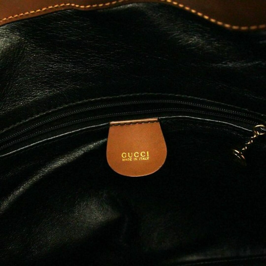Gucci(グッチ)のグッチ バンブー エナメル ハンドバッグ ショルダー 2WAY 茶 ゴールド レディースのバッグ(ハンドバッグ)の商品写真