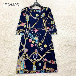 レオナール(LEONARD)の美品♡ LEONARD ワンピース　花柄　宝石柄　トリム　ネイビー　Lサイズ(ひざ丈ワンピース)