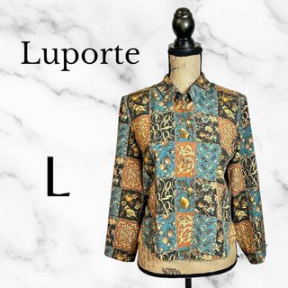 ゴア(goa)の美品✨【Luporte】ヴィンテージ総柄シャツ　スカーフ　金ボタン　さらさら　L(ニット/セーター)