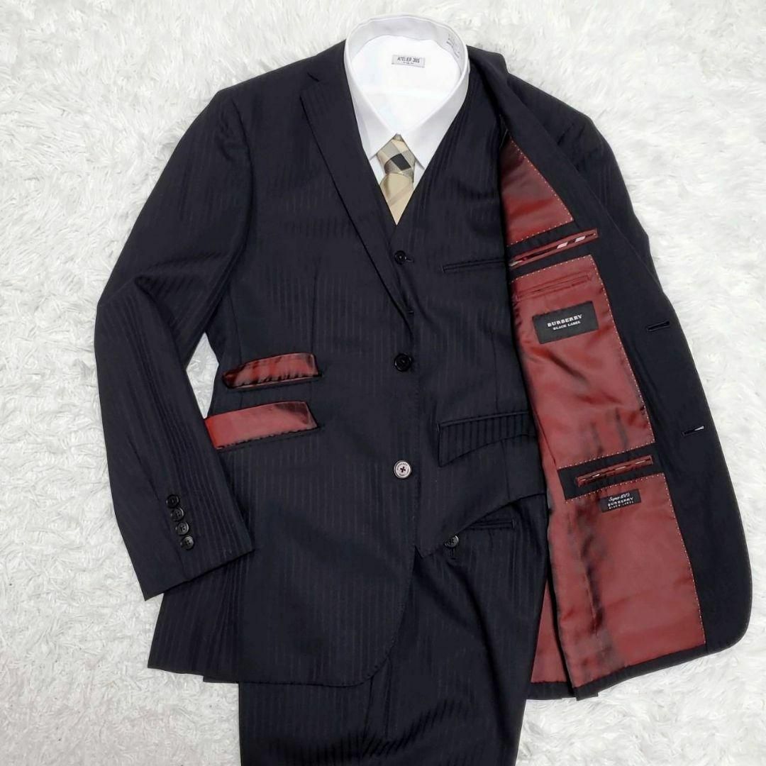 BURBERRY BLACK LABEL(バーバリーブラックレーベル)の極美品 M バーバリーブラックレーベル スーパー100 スーツ 黒 ストライプ メンズのスーツ(セットアップ)の商品写真