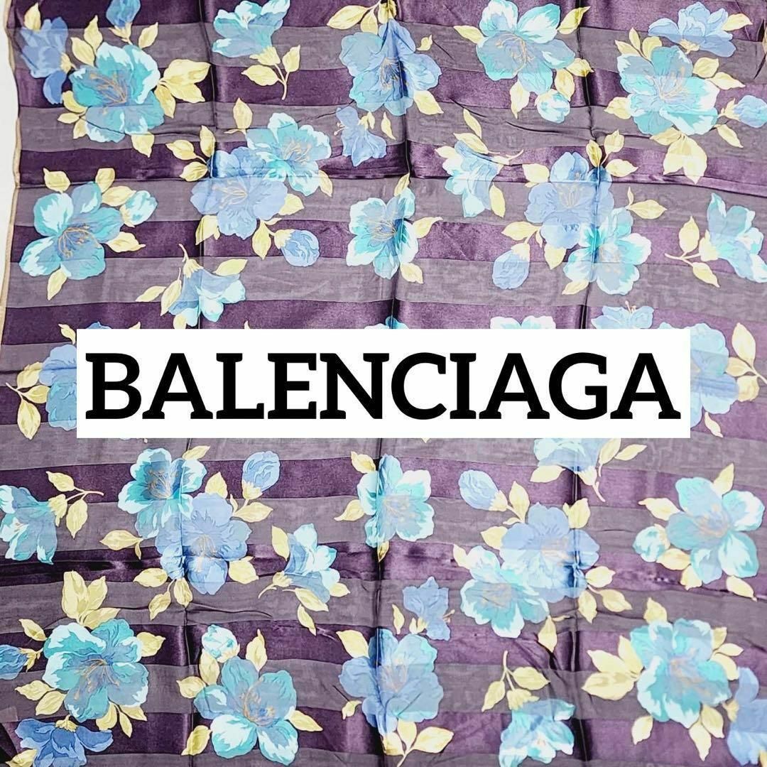 Balenciaga(バレンシアガ)の美品 ★BALENCIAGA★ スカーフ 大判 花柄 シルク ネイビー レディースのファッション小物(バンダナ/スカーフ)の商品写真